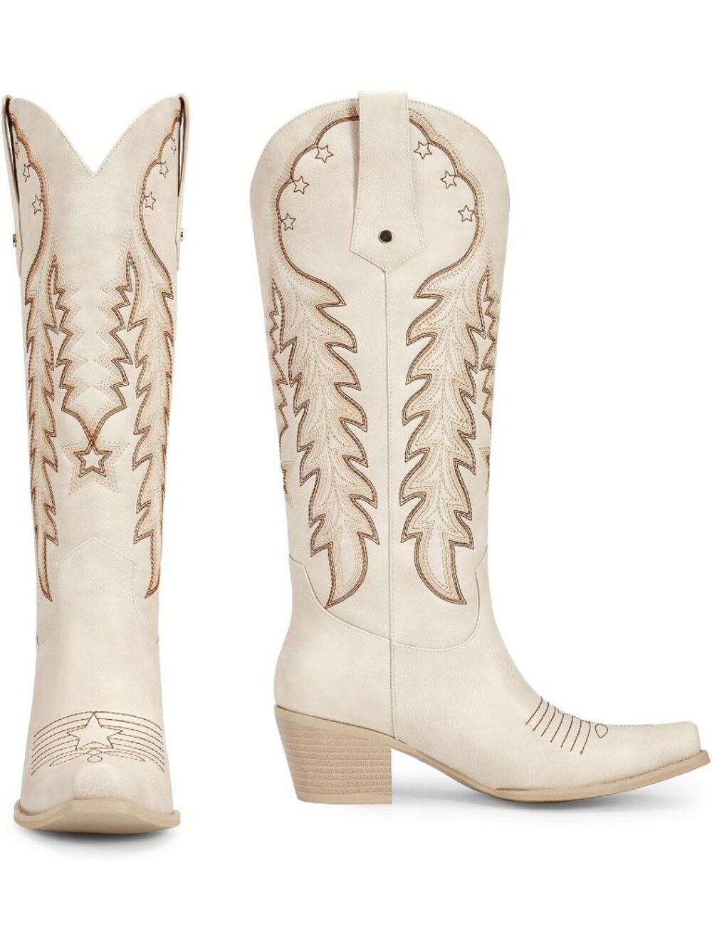 Women's Beige Cowboy Knee High Cowgirl Boots Pointed Toe Chunky Heels - Picture 4 of 6